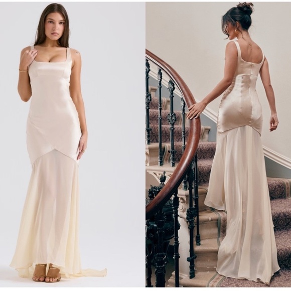 NWOT HOUSE OF CB 'Vittoria' Champagne Chiffon Floor Length Gown sz S - Picture 3 of 11